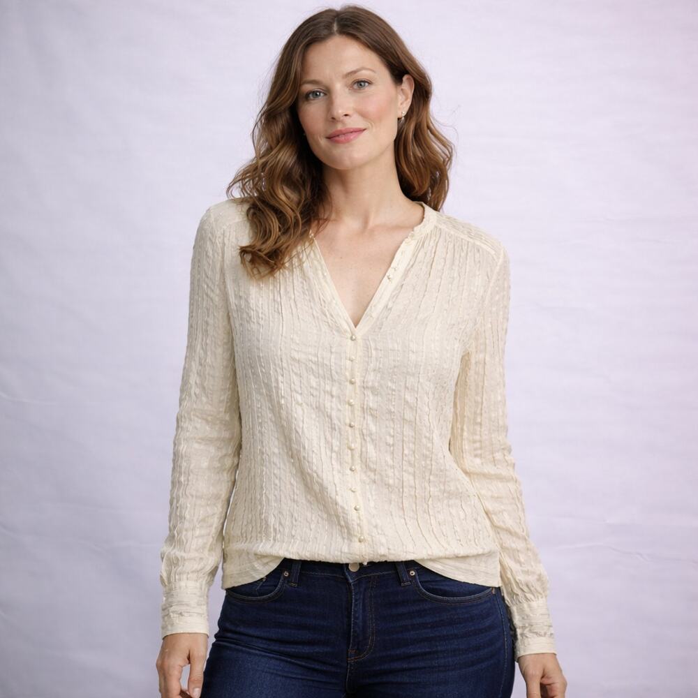Massimo Dutti Textured Ivory Button Front Blouse EU 40 -‎ US 8